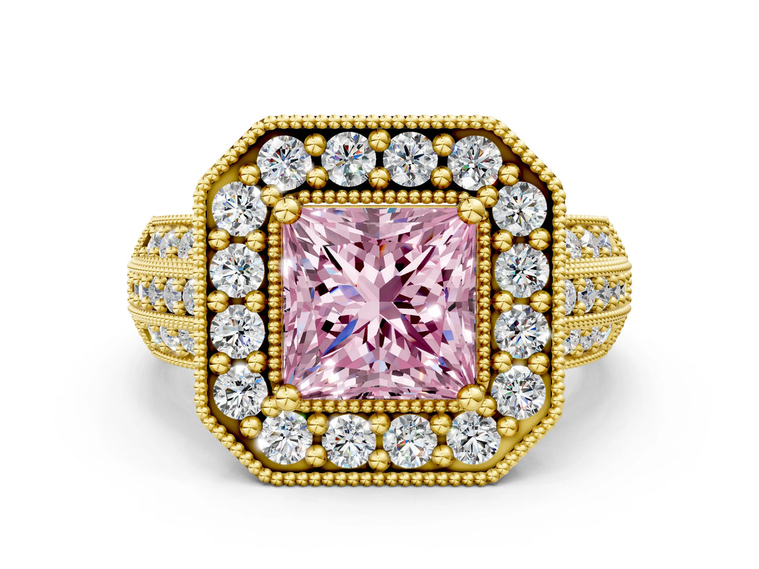 Yellow gold Fancy Pink Princess Cut Halo Diamond Engagement Ring with Pave Split Shank and Four-Prong Setting_12