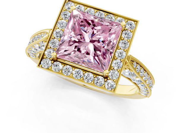 Yellow gold Fancy Pink Princess Cut Halo Diamond Engagement Ring with Split Shank Band and Four-Prong Setting
