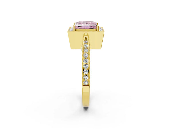 Yellow gold Fancy Pink Princess Cut Halo Diamond Engagement Ring with Split Shank Band and Four-Prong Setting