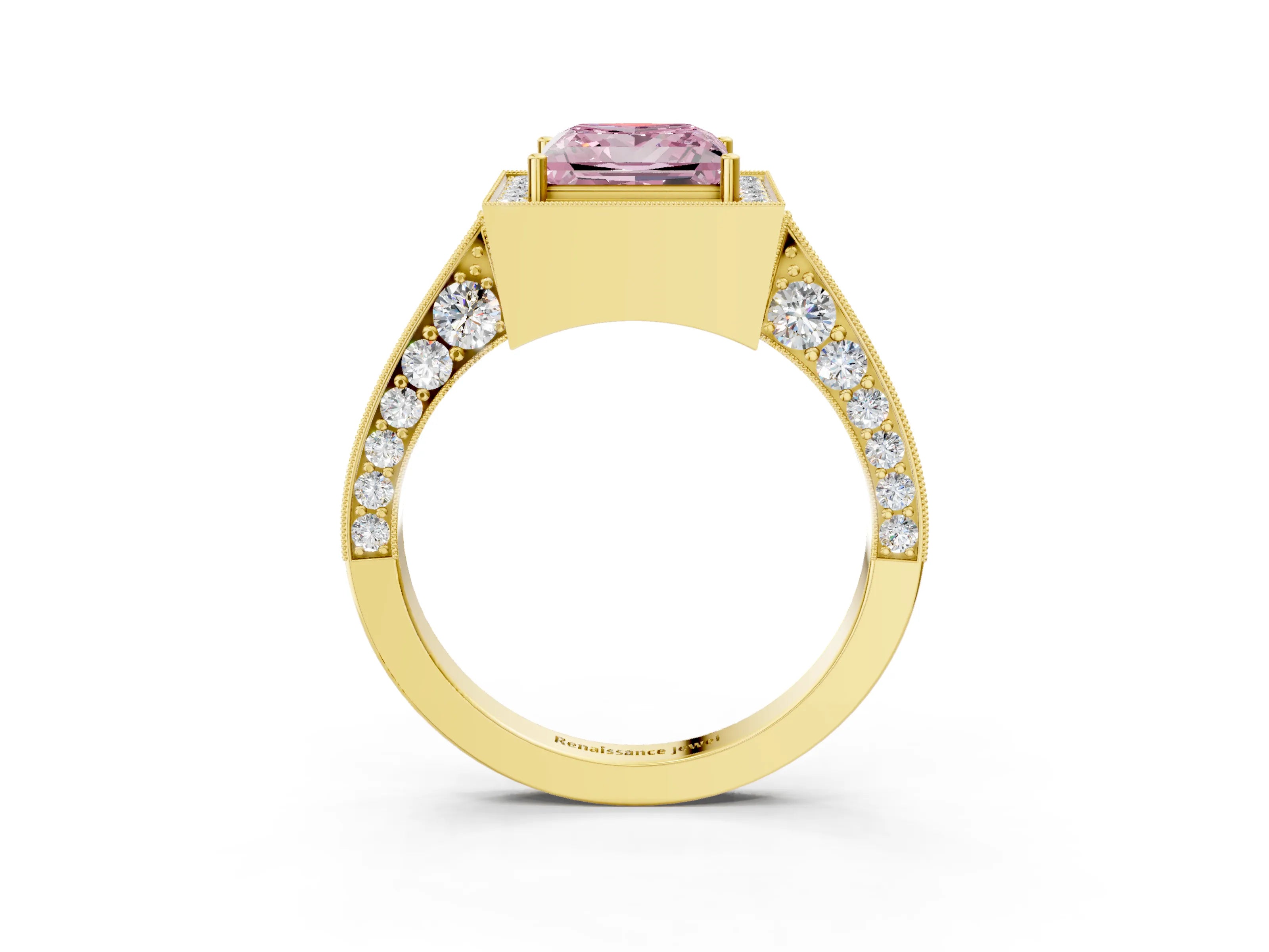 Yellow gold Fancy Pink Princess Cut Halo Diamond Engagement Ring with Split Shank Band and Four-Prong Setting_3