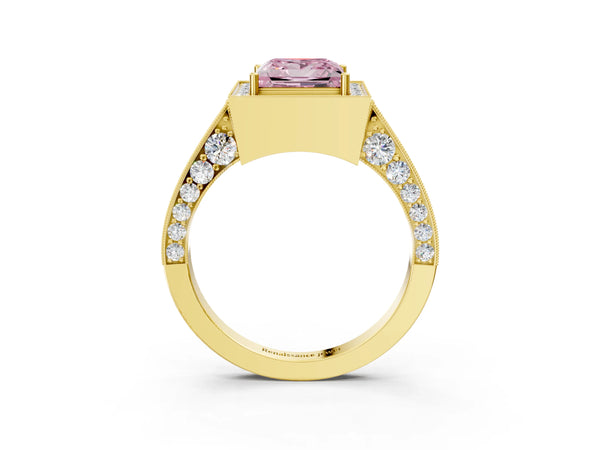 Yellow gold Fancy Pink Princess Cut Halo Diamond Engagement Ring with Split Shank Band and Four-Prong Setting