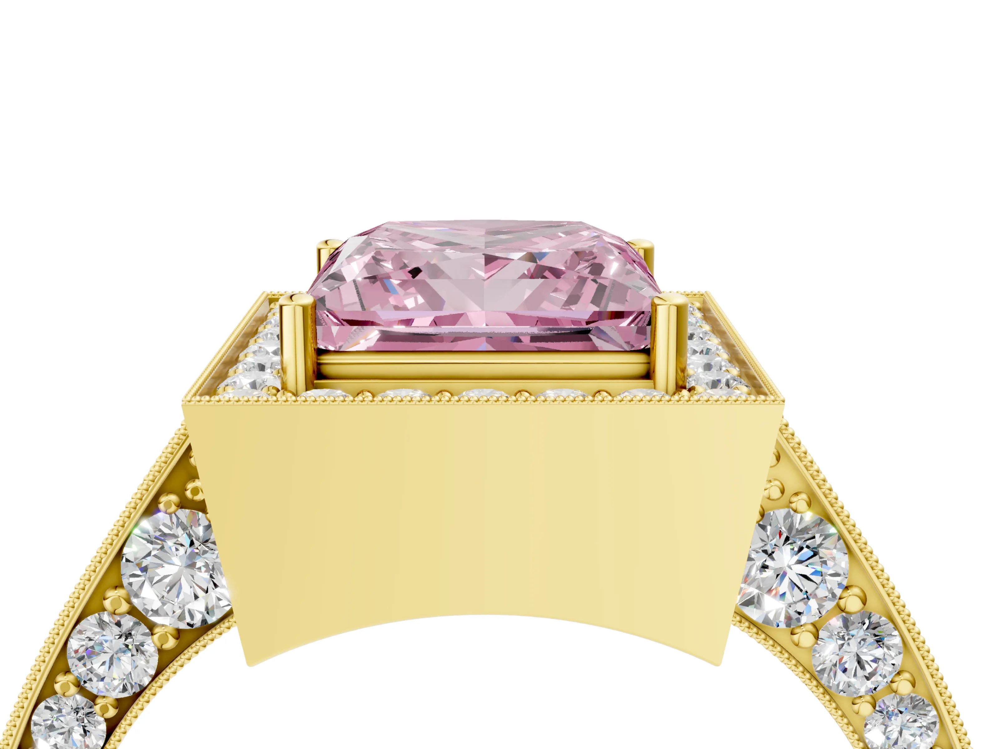 Yellow gold Fancy Pink Princess Cut Halo Diamond Engagement Ring with Split Shank Band and Four-Prong Setting_4