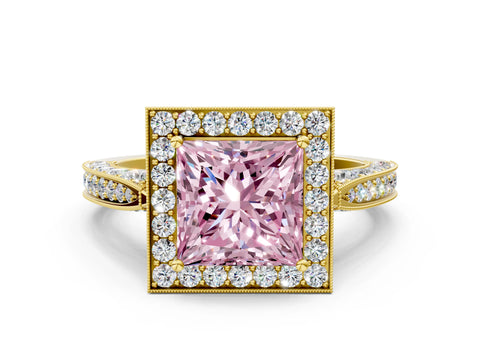 Yellow gold Fancy Pink Princess Cut Halo Diamond Engagement Ring with Split Shank Band and Four-Prong Setting