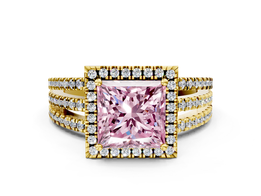 Yellow gold Fancy Pink Princess  Cut Halo Diamond Engagement Ring with Split Shank and Four-Prong Setting