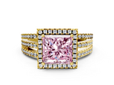 Yellow gold Fancy Pink Princess  Cut Halo Diamond Engagement Ring with Split Shank and Four-Prong Setting