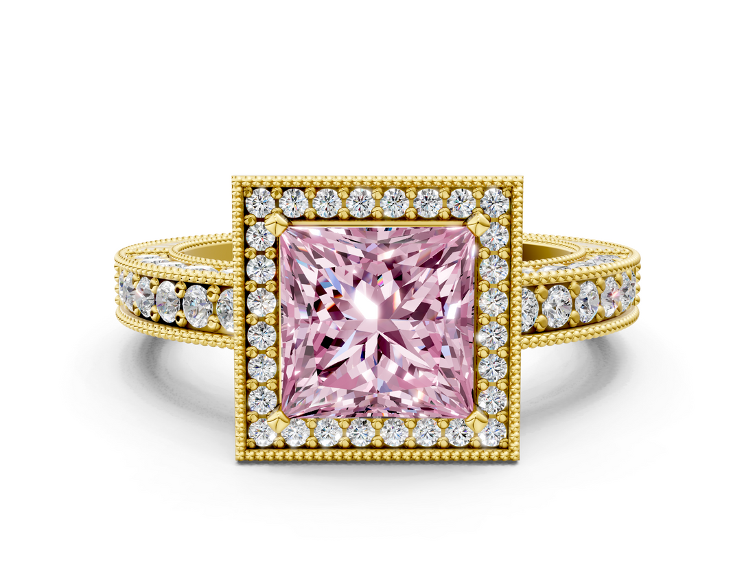 Yellow gold Fancy Pink Princess  Cut Halo Diamond Pave Band Ring with Four-Prong Setting