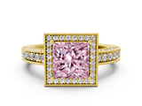 Yellow gold Fancy Pink Princess  Cut Halo Diamond Pave Band Ring with Four-Prong Setting