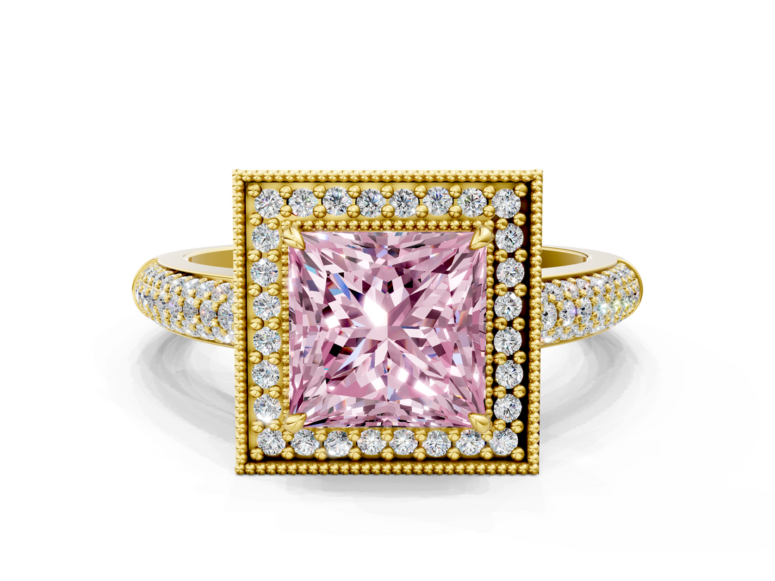Yellow gold Fancy Pink Princess  Cut Halo Diamond Pave Band with Four-Prong Setting