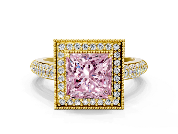 Yellow gold Fancy Pink Princess  Cut Halo Diamond Pave Band with Four-Prong Setting
