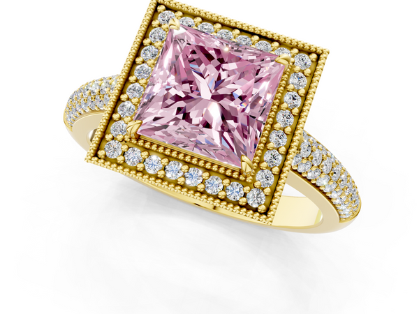 Yellow gold Fancy Pink Princess  Cut Halo Diamond Pave Band with Four-Prong Setting