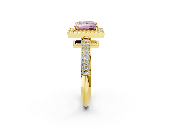 Yellow gold Fancy Pink Princess  Cut Halo Diamond Pave Band with Four-Prong Setting