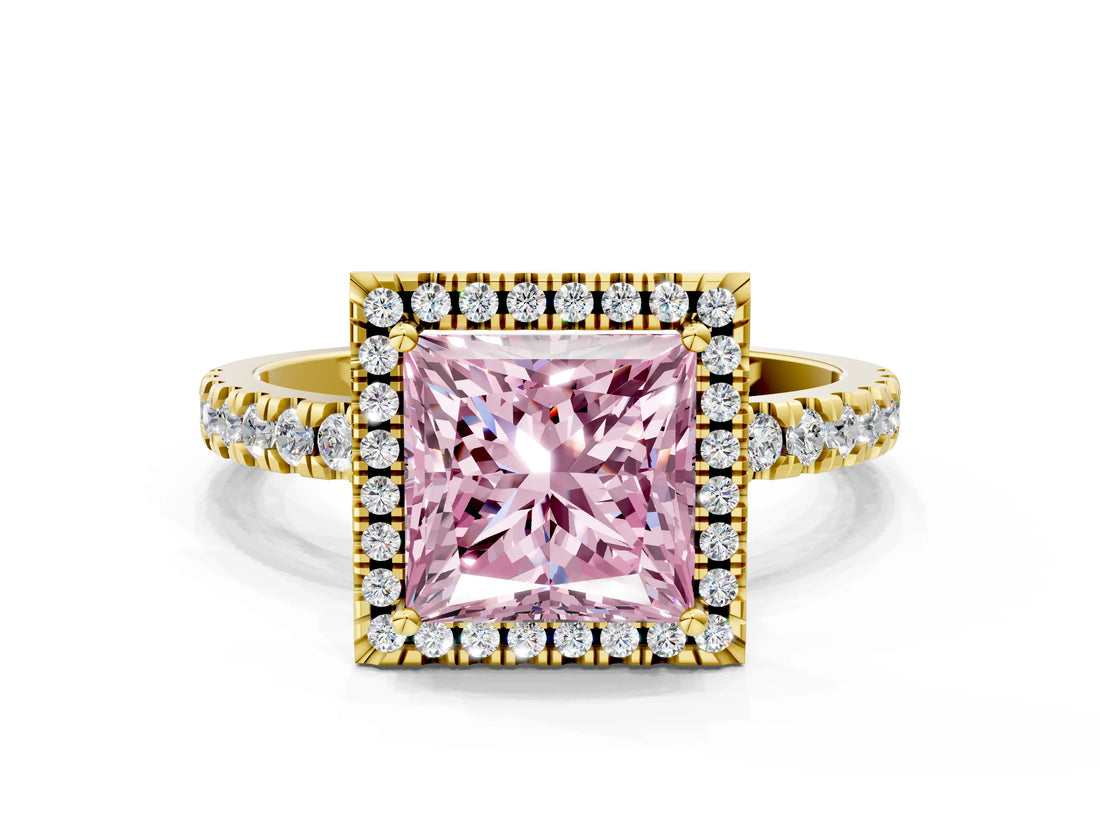 Yellow gold Fancy Pink Princess Cut Halo Diamond Pave Band with Prong Setting