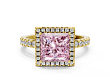 Yellow gold Fancy Pink Princess Cut Halo Diamond Pave Band with Prong Setting