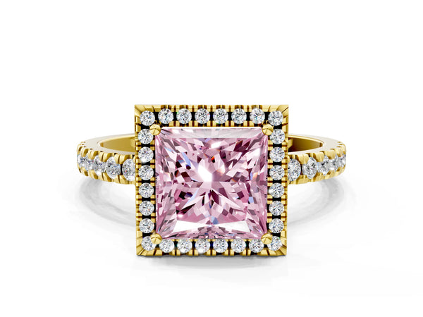 Yellow gold Fancy Pink Princess Cut Halo Diamond Pave Band with Prong Setting