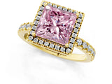 Yellow gold Fancy Pink Princess Cut Halo Diamond Pave Band with Prong Setting_1