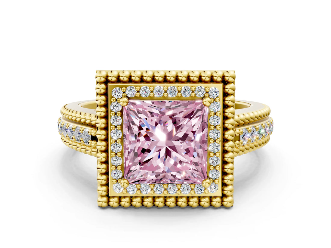 Yellow gold Fancy Pink Princess Cut Halo Diamond Ring with Beaded Split Shank and Four-Prong Setting