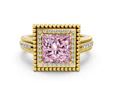 Yellow gold Fancy Pink Princess Cut Halo Diamond Ring with Beaded Split Shank and Four-Prong Setting