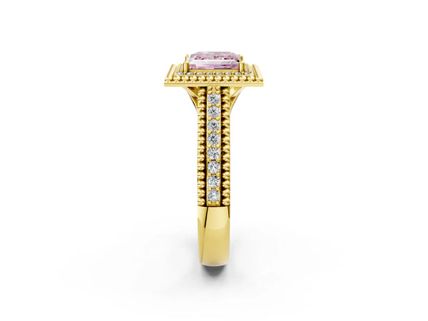 Yellow Gold Princess Cut Beaded Halo Engagement Ring Setting for Fancy Pink Center with Pave