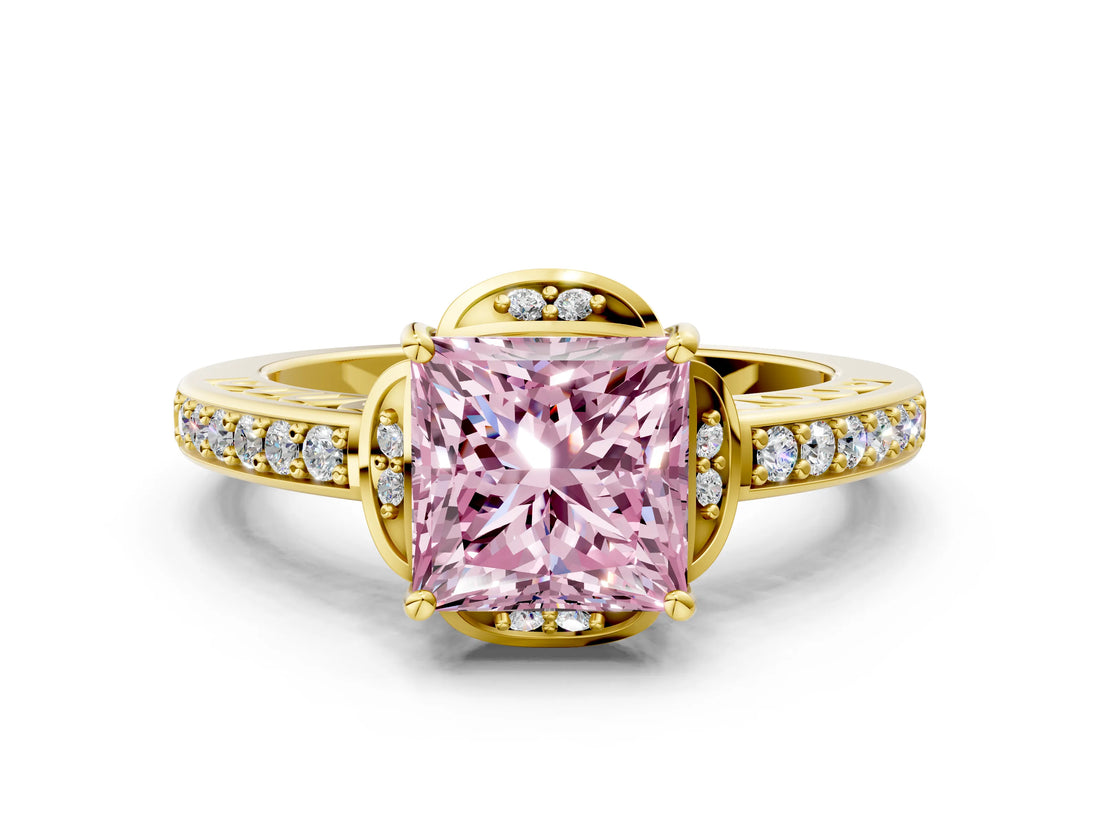 Yellow gold Fancy Pink Princess  Cut Halo Diamond Ring with Channel Set Band and Four-Prong Setting_29