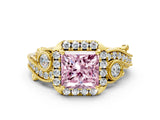 Yellow gold Fancy Pink Princess Cut Halo Diamond Ring with Milgrain and Bezel Accents on a Split Shank Band_12