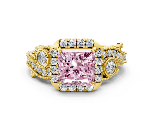 Yellow gold Fancy Pink Princess Cut Halo Diamond Ring with Milgrain and Bezel Accents on a Split Shank Band