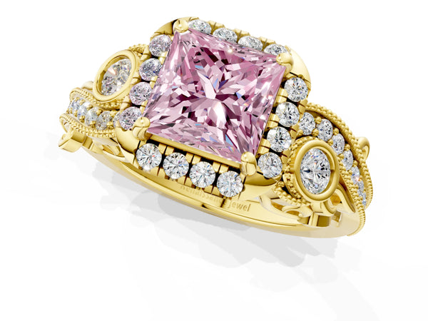 Yellow gold Fancy Pink Princess Cut Halo Diamond Ring with Milgrain and Bezel Accents on a Split Shank Band