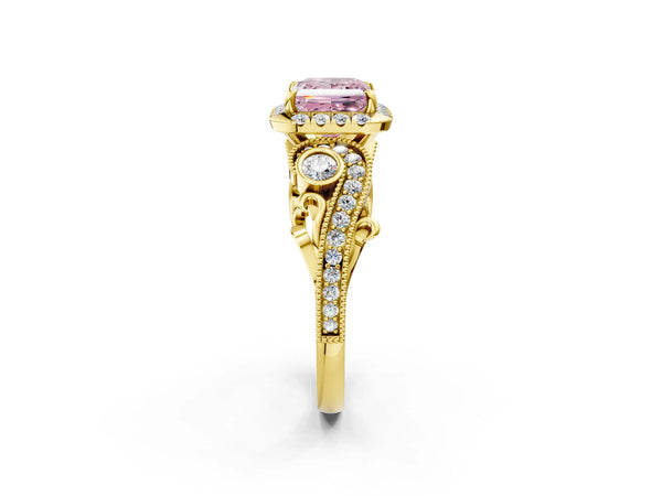 Yellow gold Fancy Pink Princess Cut Halo Diamond Ring with Milgrain and Bezel Accents on a Split Shank Band
