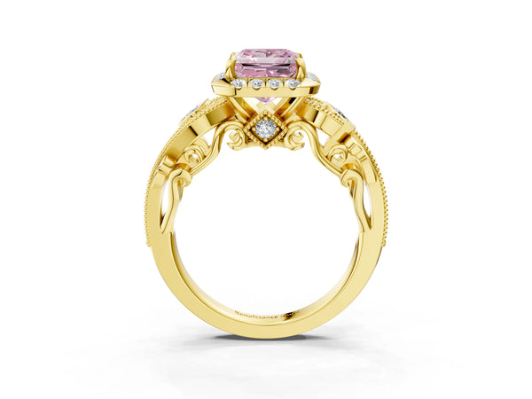 Yellow gold Fancy Pink Princess Cut Halo Diamond Ring with Milgrain and Bezel Accents on a Split Shank Band