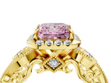 Yellow gold Fancy Pink Princess Cut Halo Diamond Ring with Milgrain and Bezel Accents on a Split Shank Band_16