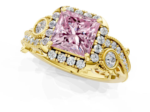 Yellow gold Fancy Pink Princess Cut Halo Diamond Ring with Milgrain and Bezel Accents on a Split Shank Band_1