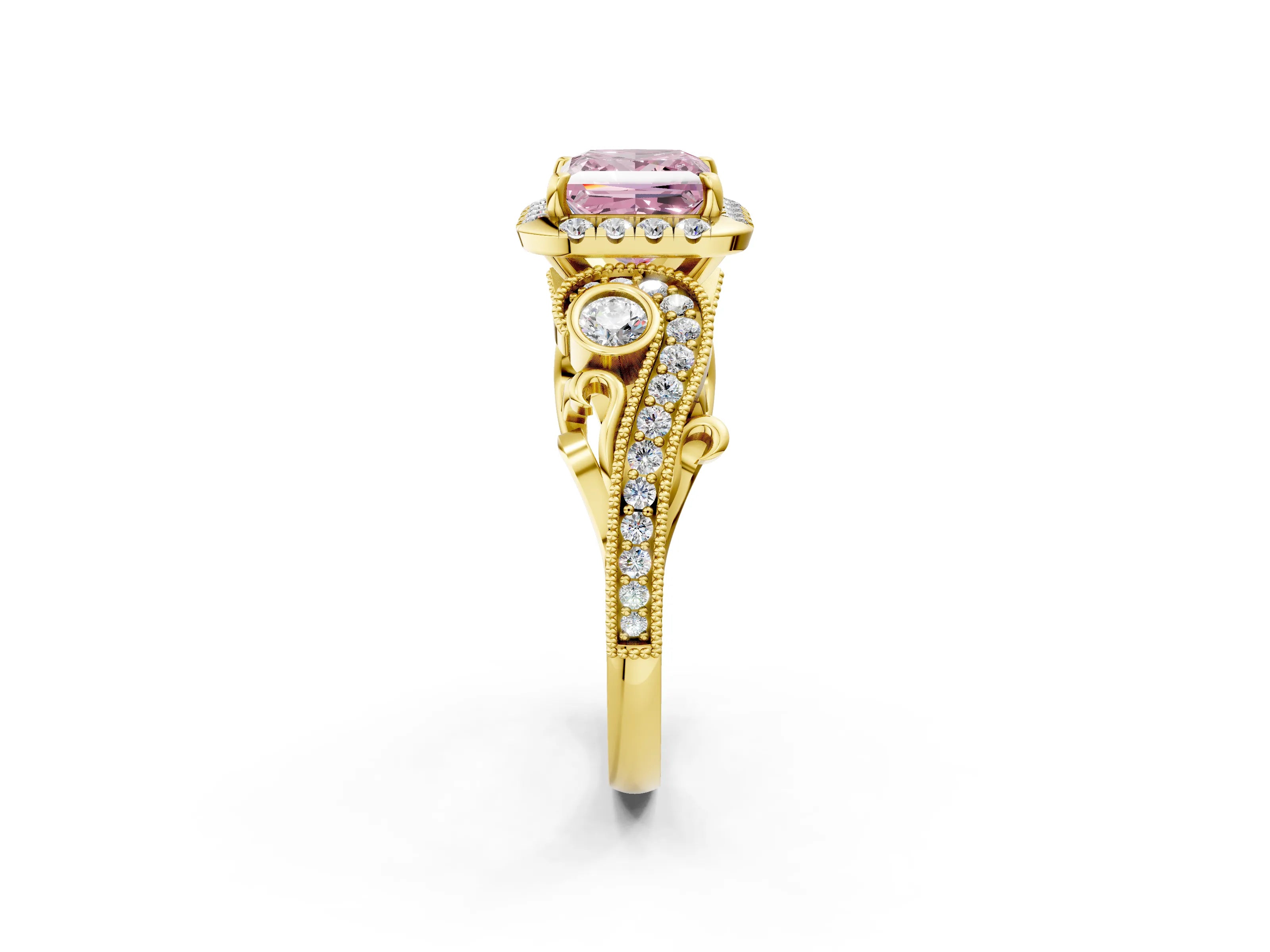 Yellow gold Fancy Pink Princess Cut Halo Diamond Ring with Milgrain and Bezel Accents on a Split Shank Band_2