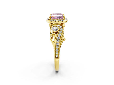 Yellow gold Fancy Pink Princess Cut Halo Diamond Ring with Milgrain and Bezel Accents on a Split Shank Band_2