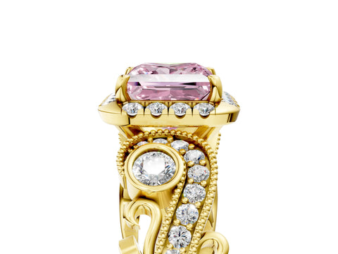 Yellow gold Fancy Pink Princess Cut Halo Diamond Ring with Milgrain and Bezel Accents on a Split Shank Band_5