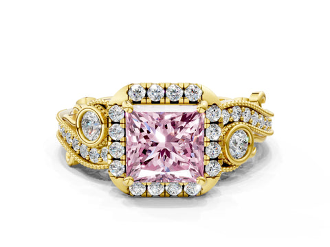 Yellow gold Fancy Pink Princess Cut Halo Diamond Ring with Milgrain and Bezel Accents on a Split Shank Band