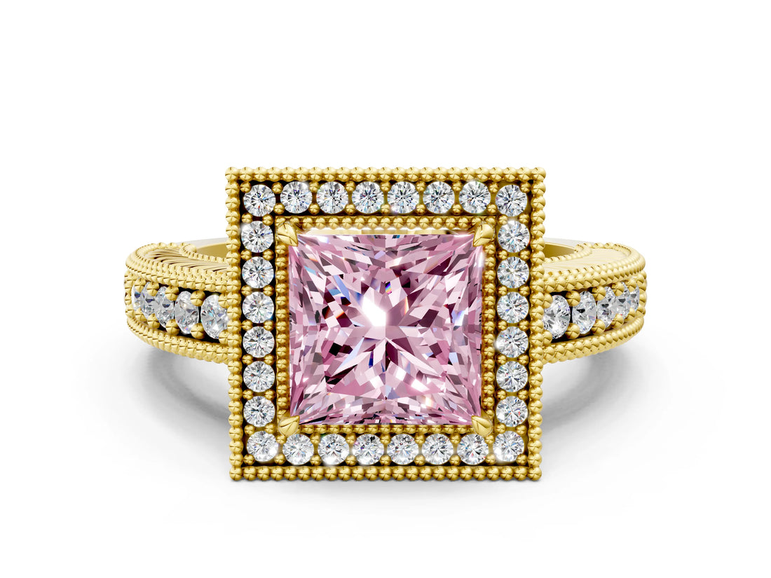 Yellow gold Fancy Pink Princess  Cut Halo Diamond Ring with Pavé Band and Four-Prong Setting_29