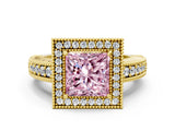 Yellow gold Fancy Pink Princess  Cut Halo Diamond Ring with Pavé Band and Four-Prong Setting_29