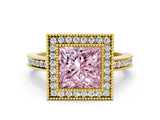 Yellow gold Fancy Pink Princess  Cut Halo Diamond Ring with Pavé Band and Milgrain Prong Setting_32