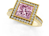 Yellow gold Fancy Pink Princess  Cut Halo Diamond Ring with Pavé Band and Milgrain Prong Setting_33