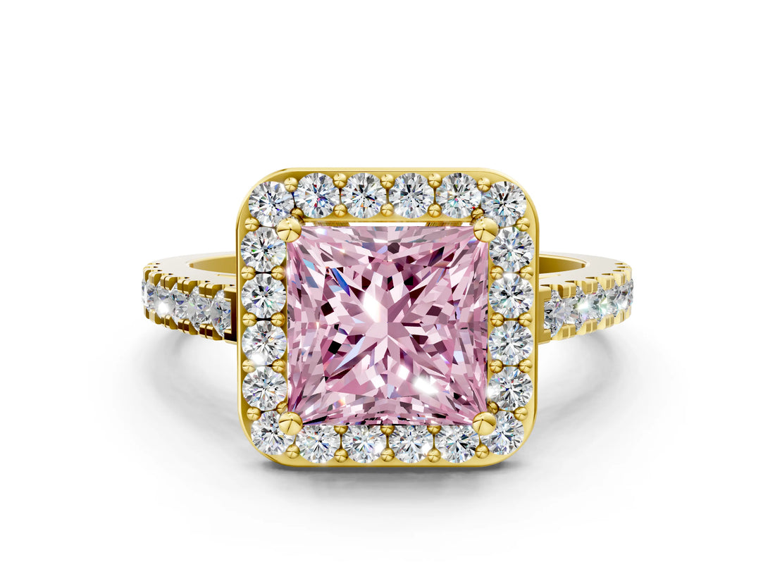 Yellow gold Fancy Pink Princess Cut Halo Diamond Ring with Pavé Band and Three-Prong Setting