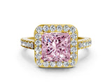 Yellow gold Fancy Pink Princess Cut Halo Diamond Ring with Pavé Band and Three-Prong Setting