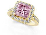 Yellow gold Fancy Pink Princess Cut Halo Diamond Ring with Pavé Band and Three-Prong Setting_1