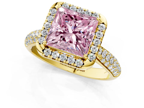 Yellow gold Fancy Pink Princess Cut Halo Diamond Ring with Pavé Band_1