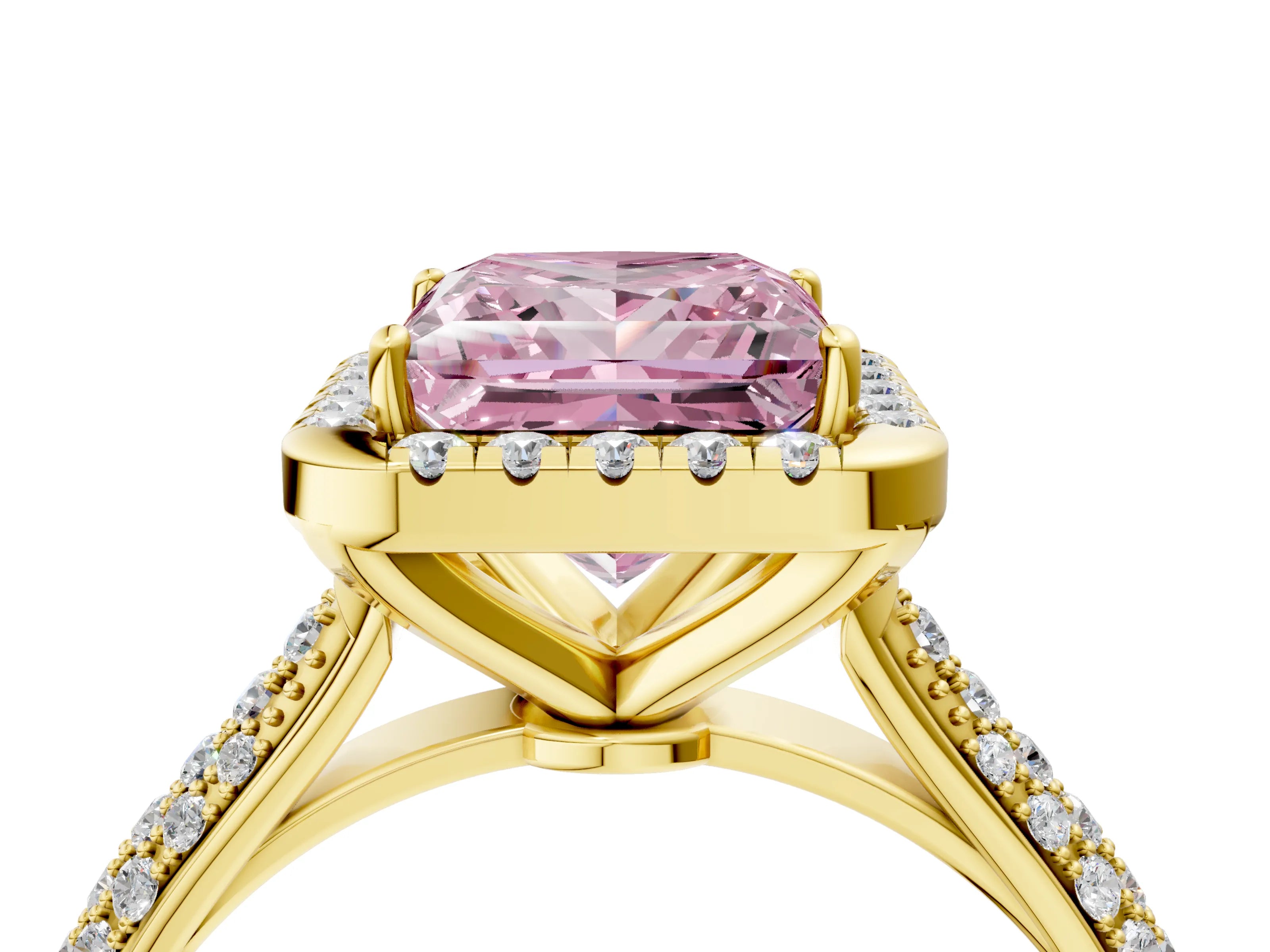 Yellow gold Fancy Pink Princess Cut Halo Diamond Ring with Pavé Band_4