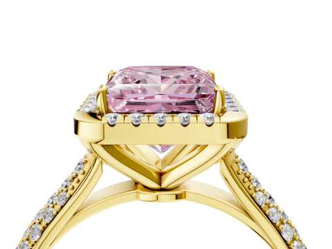 Yellow gold Fancy Pink Princess Cut Halo Diamond Ring with Pavé Band_4