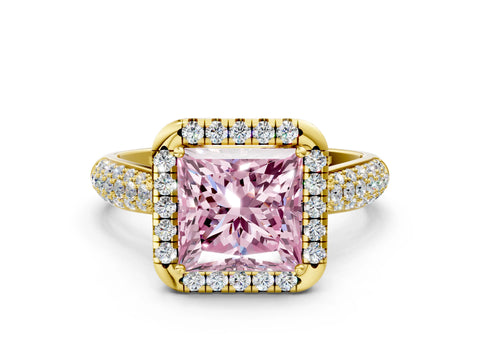 Yellow gold Fancy Pink Princess Cut Halo Diamond Ring with Pavé Band