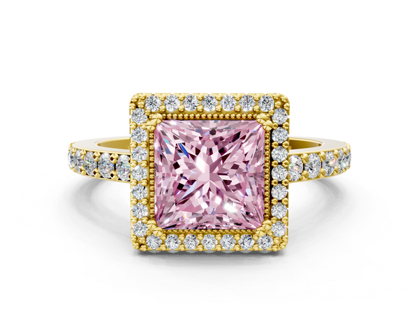 Yellow gold Fancy Pink Princess  Cut Diamond Halo Engagement Ring with Milgrain Detail and Pavé Band