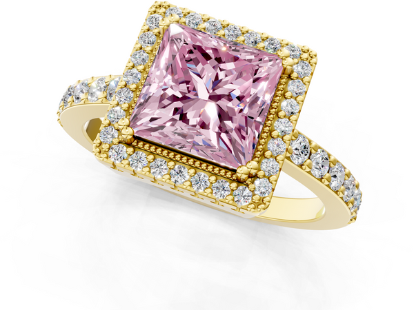 Yellow gold Fancy Pink Princess  Cut Diamond Halo Engagement Ring with Milgrain Detail and Pavé Band