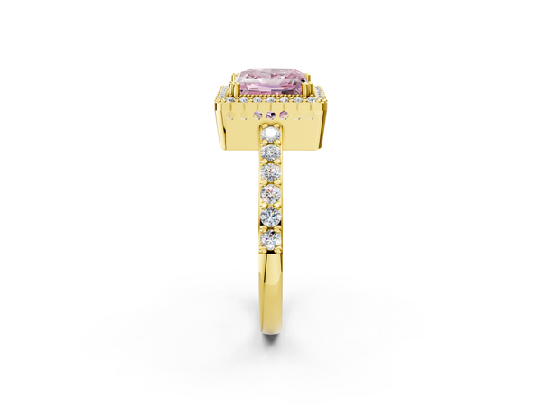 Yellow gold Fancy Pink Princess  Cut Diamond Halo Engagement Ring with Milgrain Detail and Pavé Band