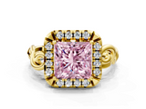 Yellow gold Fancy Pink Princess  Cut Halo Diamond Ring with Scrollwork Band and Four-Prong Setting