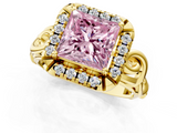 Yellow gold Fancy Pink Princess  Cut Halo Diamond Ring with Scrollwork Band and Four-Prong Setting_1